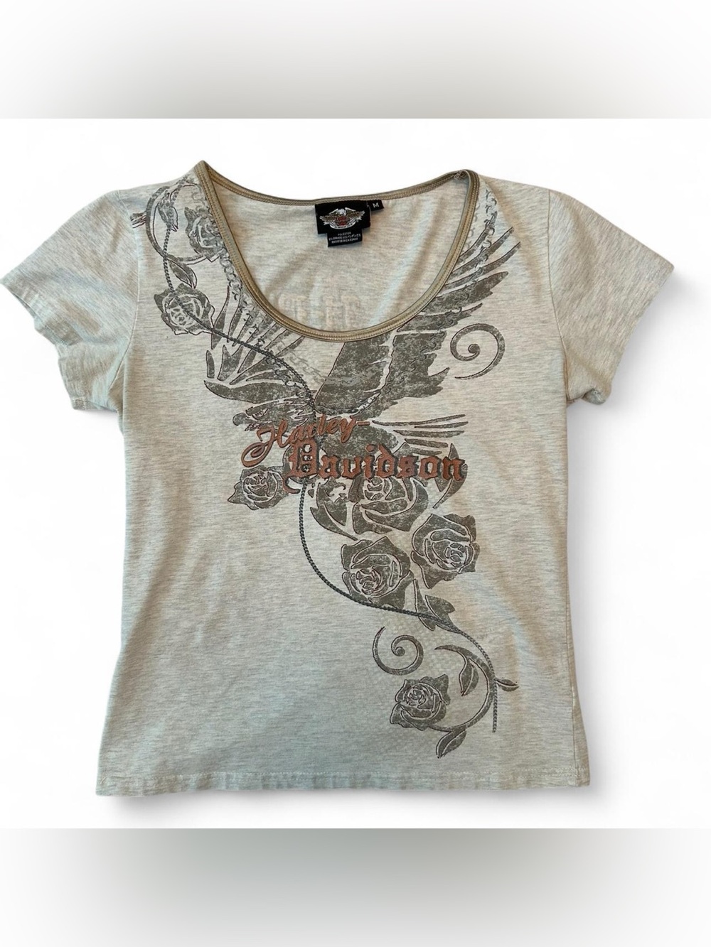 Harley Davidson women’s eagle rose Y2K grunge logo baby tee- Size Medium
